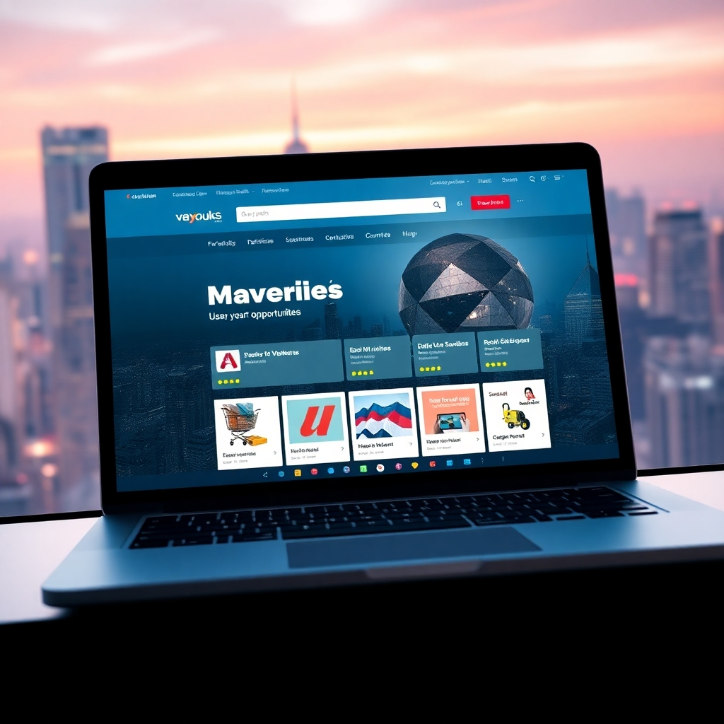 A photorealistic image showcasing a laptop screen displaying a user-friendly online marketplace interface with various listed websites.  The background should subtly feature a bustling city skyline symbolizing opportunities.  The image should depict a sense of ease and efficiency.