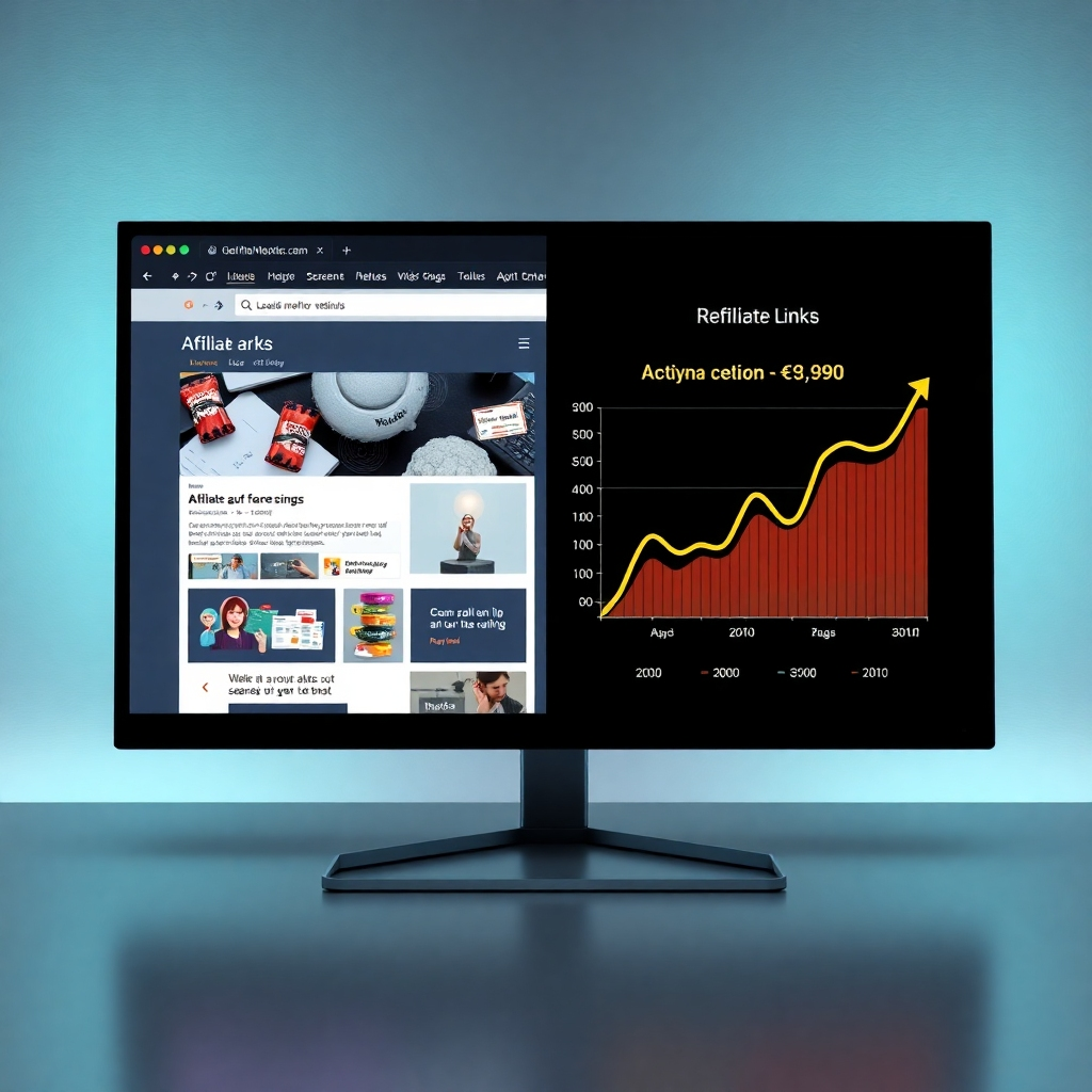 A photorealistic image showing a split screen. One side displays a webpage with various monetization elements like ads, affiliate links, and a call to action for a digital product. The other side shows a graph showcasing the revenue generated from these methods. The style should be clean and professional.