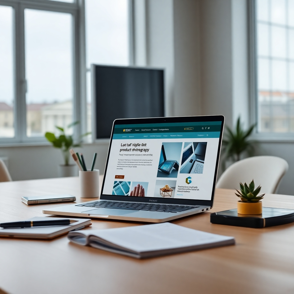 A photorealistic, ultra-high definition (8K) image depicting a modern, minimalist office with large windows allowing soft, diffused natural light. The scene is centered on a sleek, silver laptop displaying a vibrant, engaging webpage showcasing high-quality product photography and compelling sales copy. The webpage design is clean and modern, emphasizing ease of navigation and user experience.  The color palette is sophisticated, with calming blues and greens, accenting the brand's logo subtly in a rich gold tone.  The laptop rests on a light oak desk, and there are subtly visible details like a stylish pen holder, a notebook with handwritten notes, and a small succulent plant. The camera angle is slightly elevated, looking down at the laptop screen at a 30-degree angle, creating a sense of depth. The style references are Annie Leibovitz’s portraiture and architectural photography of Fazal Sheikh. The overall mood is professional, sleek, and trustworthy, suggesting high quality and expertise. The image should feature hyperrealistic textures and materials, capturing the fine details of the wood grain, the metallic finish of the laptop, and the subtle textures of the paper and fabric elements. The background is slightly blurred to maintain focus on the laptop and webpage, creating a shallow depth of field effect.  The scene should suggest an atmosphere of creative success and productivity.