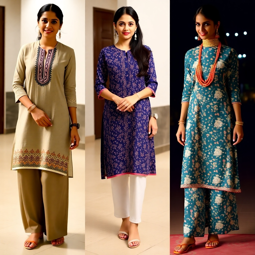 A series of images showcasing the same kurti and palazzo set styled for different occasions: a casual daytime look, a formal evening look, and a festive celebratory look. The lighting and accessories should be adjusted to suit each occasion. The camera angle is medium, capturing the full outfit in each scenario. The overall feel is informative and practical, providing guidance on styling for different events.