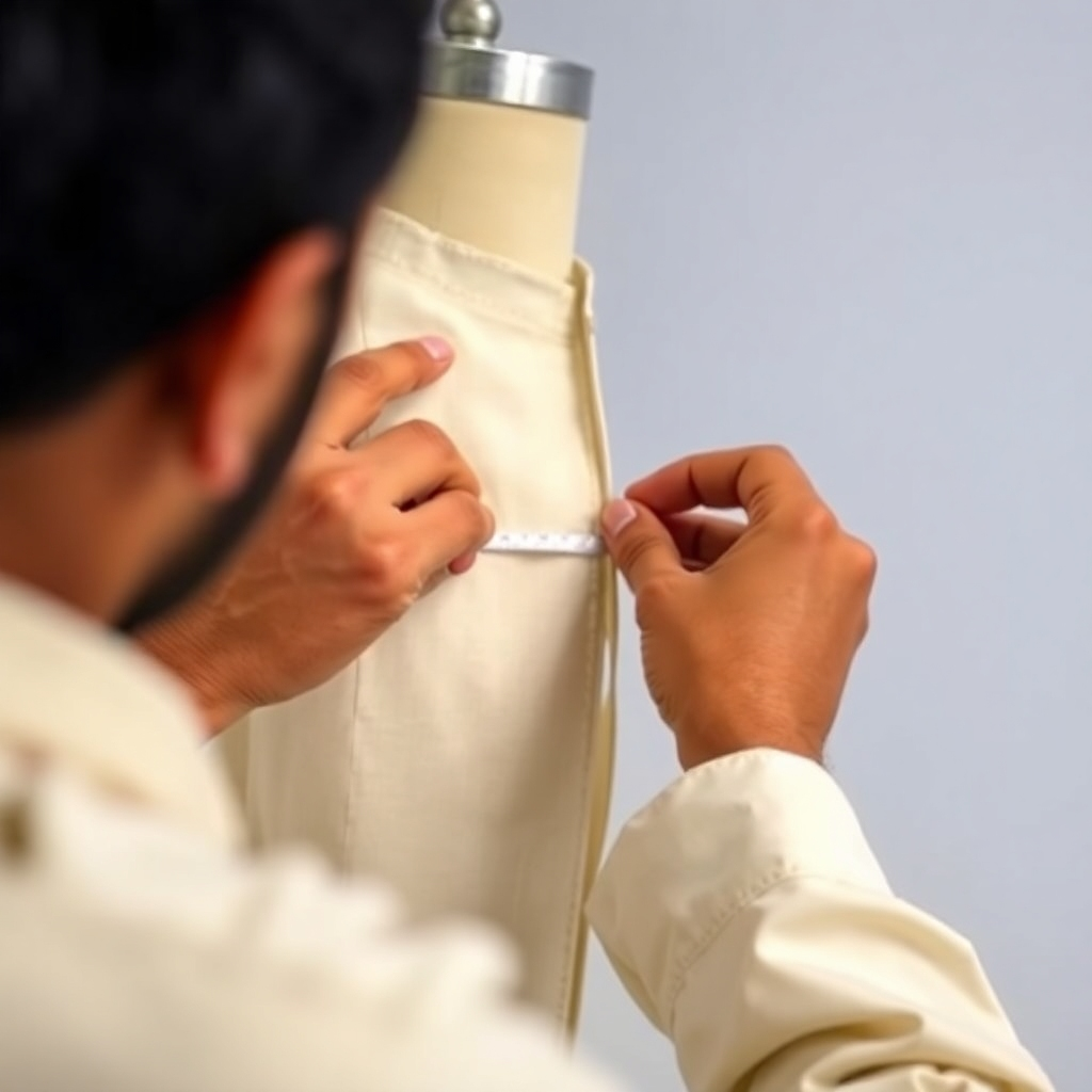 A skilled tailor is meticulously measuring and fitting a kurti on a mannequin. Close-up on the tailor's hands as they work with precision, highlighting the attention to detail. Soft, diffused lighting creates a sense of craftsmanship and expertise.