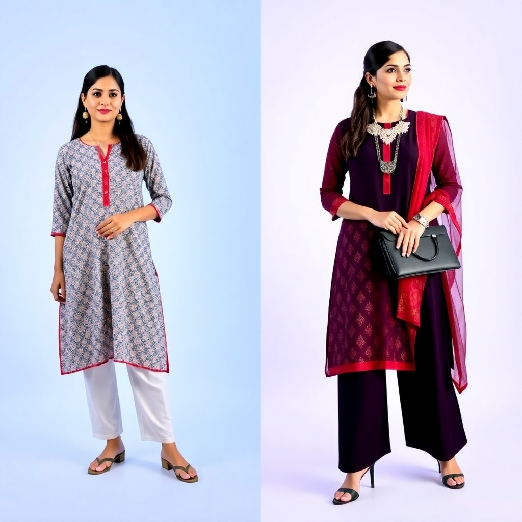 A split-screen image showcasing the versatility of a single kurti and palazzo set. On one side, the set is styled casually with flats and minimal jewelry for a daytime look. On the other side, it's dressed up with heels, statement jewelry, and a clutch for an evening event. The lighting is bright and vibrant, highlighting the adaptability of the outfit. The camera angle is medium, showcasing the full outfit in both scenarios. The overall feel is stylish and adaptable.
