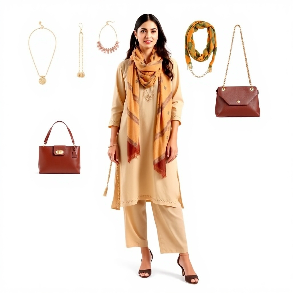 A styled image showcasing various accessories (jewelry, scarves, bags, shoes) paired with a neutral-colored kurti and palazzo set. The accessories should represent different styles and occasions. The lighting is bright and clear, highlighting the details of each accessory. The camera angle is medium, capturing the full outfit and the accessories. The overall feel is stylish and informative, providing inspiration for accessorizing.