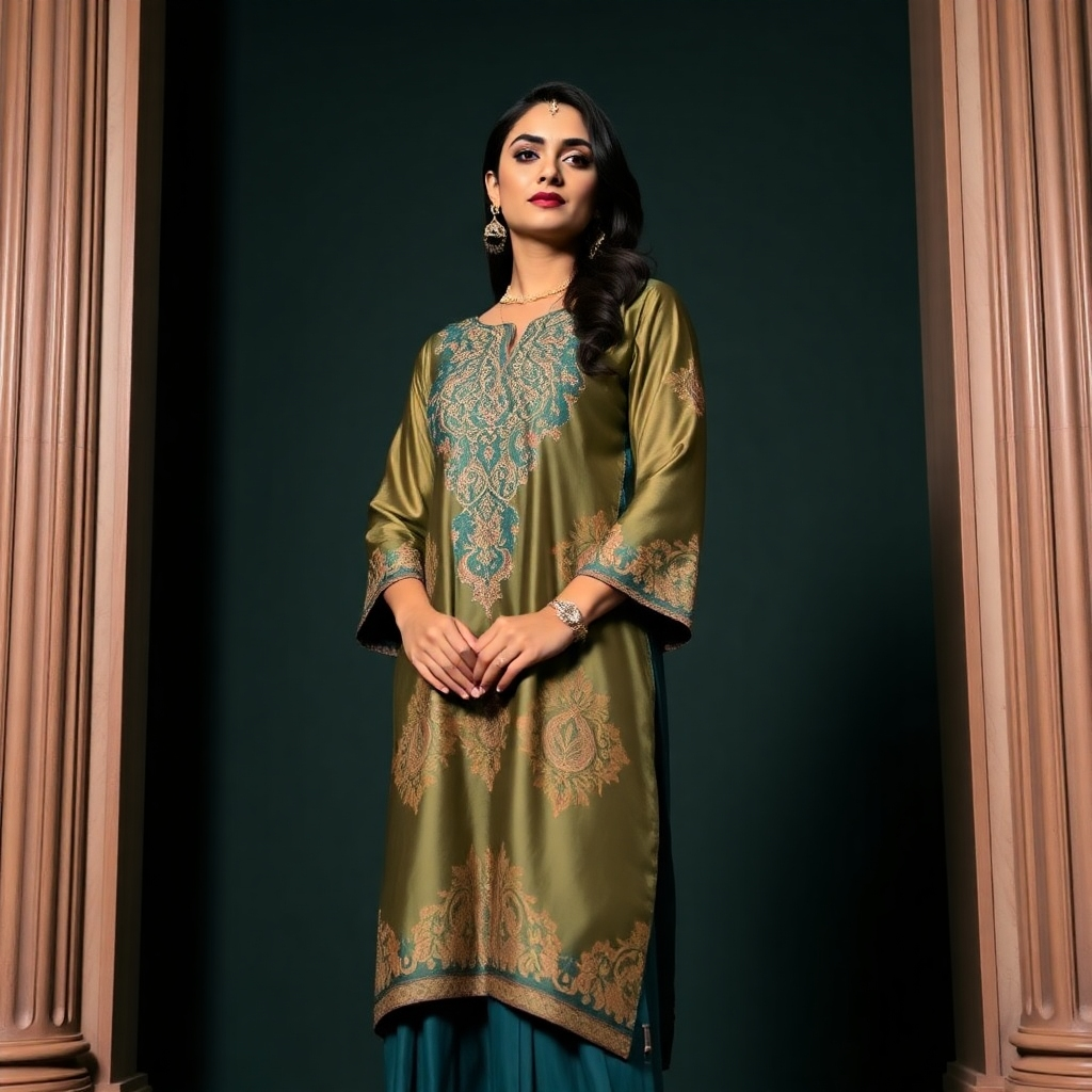 A stylized image of a woman standing against a classic, elegant backdrop, wearing a beautifully embroidered silk kurti and palazzo set. The lighting is soft and dramatic, highlighting the intricate details of the embroidery. The color palette is rich and sophisticated (e.g., gold, deep blues, emerald greens). The camera angle is low, creating a sense of grandeur and timeless beauty. The overall feel is classic elegance and enduring style. Style reference: Art Deco inspired fashion photography.