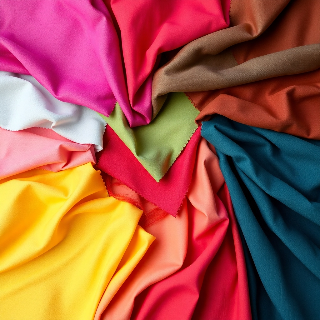 A vibrant, artistic image showcasing a color palette of kurti and palazzo fabrics. The image should feature swatches of various colors and textures arranged in a visually appealing manner, creating a sense of harmony and balance. Soft, diffused lighting enhances the richness of the colors. The camera angle is top-down, capturing the full arrangement. The overall feel is artistic and inspiring, showcasing the diverse color options available.