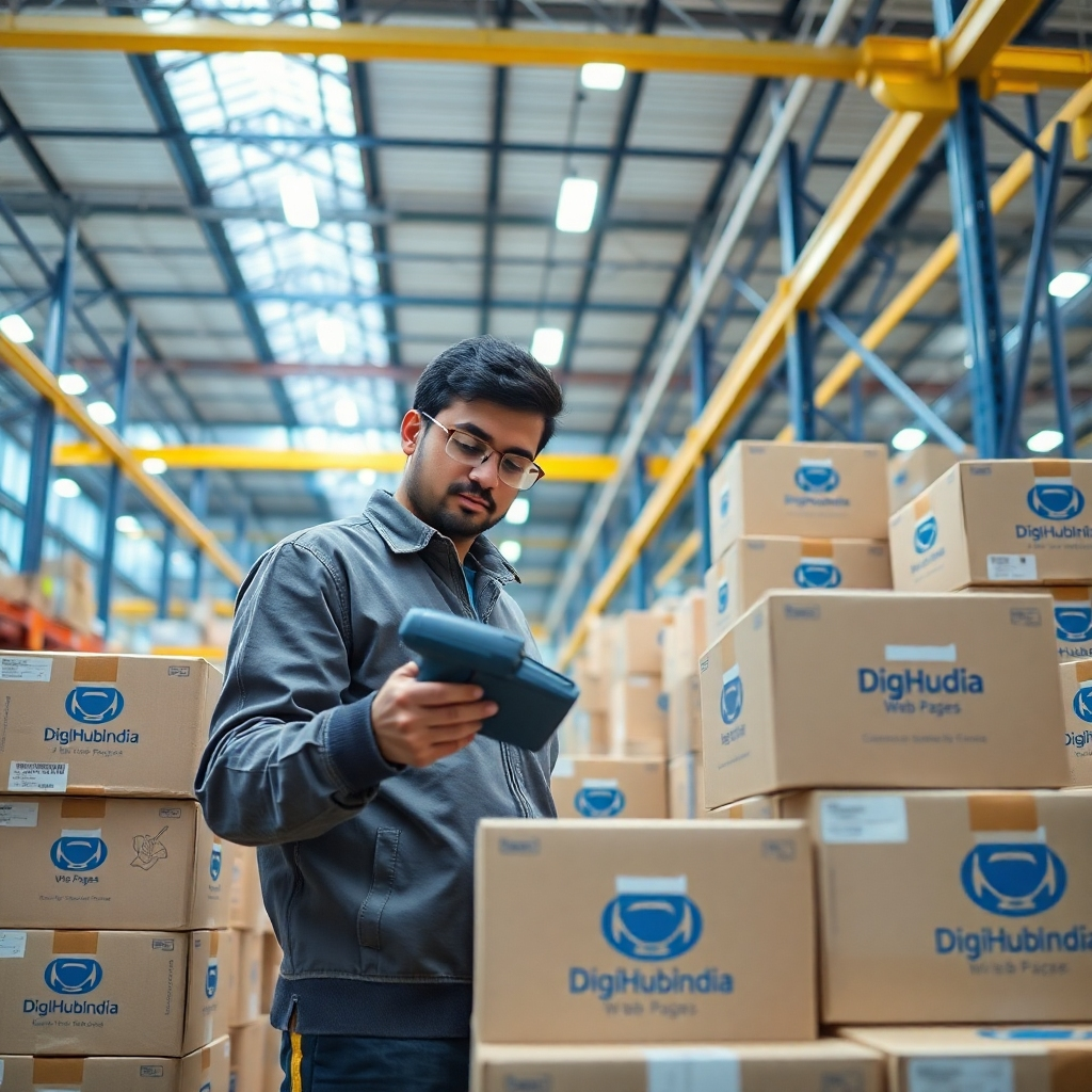 An ultra-detailed, hyperrealistic image (8K resolution) depicting a brightly lit, modern e-commerce warehouse. The scene focuses on a worker using a handheld scanner to process orders surrounded by neatly stacked boxes featuring the DigiHubIndia Web Pages logo.  The lighting is vibrant and energetic, using bright overhead fluorescent lighting combined with soft, diffused natural light from large warehouse windows. The overall color palette is a mix of bright, clean whites and yellows with accents of the DigiHubIndia brand color (a deep, corporate blue). The background subtly shows bustling activity, conveying a sense of efficiency and high volume. The camera angle is at eye level, slightly angled to showcase the worker and the boxes. The warehouse is clean and organized, emphasizing efficient logistics. The style should emulate the documentary photography of Sebastião Salgado, with an emphasis on capturing the texture of cardboard boxes, the worker's attire, and the metallic surfaces of the warehouse equipment. The overall mood is one of smooth, effective logistics. The level of detail should be high enough to see individual box labels, product descriptions, and the expressions on the worker’s face.  The image should suggest reliability and precision.