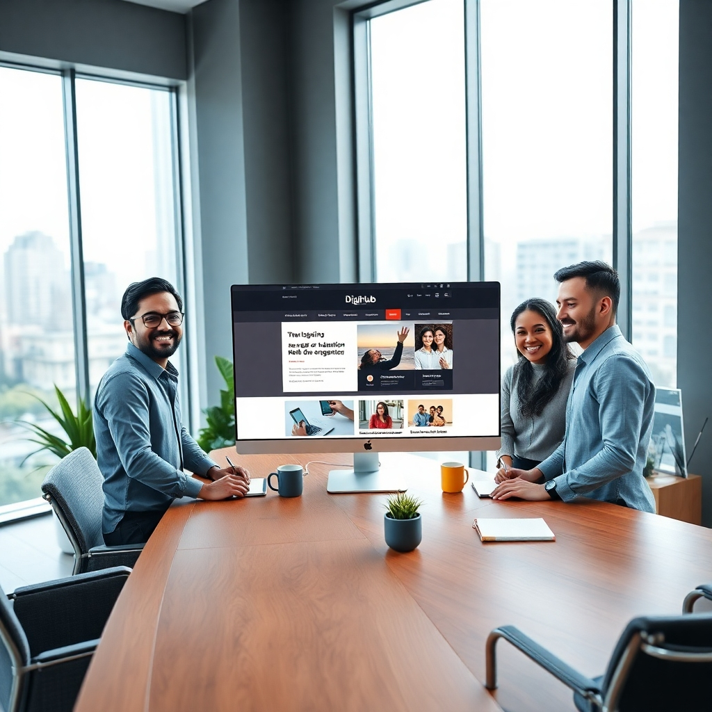 Create a photorealistic, ultra-high-quality 8K resolution header image for DigiHubIndia Web Pages. The image should depict a modern, sleek office space with large windows letting in soft, natural light. The color palette should be clean and sophisticated, utilizing calming blues and greys accented with warm wood tones. The mood should feel professional, innovative, and trustworthy. The composition should focus on a team of diverse, smiling web designers collaborating around a large, modern desk showcasing a vibrant, engaging website on a high-resolution monitor. The camera angle should be slightly elevated, offering a dynamic perspective of the team's interaction. Textures should be meticulously detailed; the wood desk should have visible grain, the monitor should have a reflective glass screen displaying a sample website design (featuring clean lines and bold typography), and the fabrics of the designers' clothing should appear soft and realistic. The environmental elements should include stylish, modern office furniture and plants, creating a positive and productive atmosphere. Props such as branded DigiHubIndia coffee mugs or notebooks could be subtly included. The style should reference high-end corporate photography, aiming for a hyperrealistic look. The lighting should be soft and diffused, eliminating harsh shadows, with a slight key light from the window. The overall aesthetic should be clean, modern, and inspiring. The image should convey professionalism, creativity, and trust, reflecting the DigiHubIndia brand. The image needs to be sharp, highly detailed, and evoke feelings of confidence and success., ultra high resolution, photorealistic, 8K, hyperdetailed, cinematic lighting