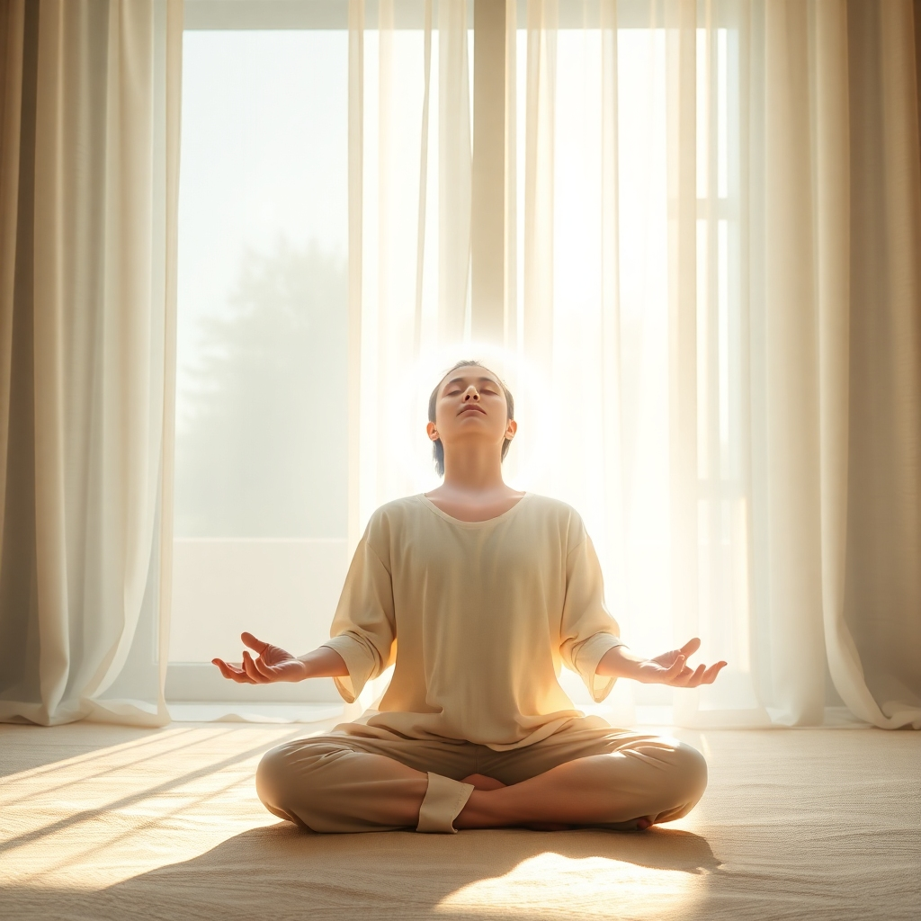 Photorealistic image, 8K resolution, hyperrealistic detail. A serene scene depicting a person meditating peacefully in a sun-drenched room, bathed in soft, warm light filtering through sheer curtains. The color palette is calming, with soft blues, greens, and golds.  The person is subtly surrounded by a gentle, glowing white aura, barely visible yet suggesting a healing energy field.  The background is minimalist, with soft textures and muted colors. The camera angle is slightly elevated, creating a sense of intimacy and tranquility.  The overall mood is one of profound peace and serenity. The scene evokes a feeling of gentle cleansing and renewal. Style: Similar to the works of Annie Leibovitz, focusing on emotional depth and natural lighting.  The subject is wearing comfortable, flowing clothing of natural materials, like linen or cotton.  Ambient sounds are peaceful and natural, like distant birdsong or gentle waves.