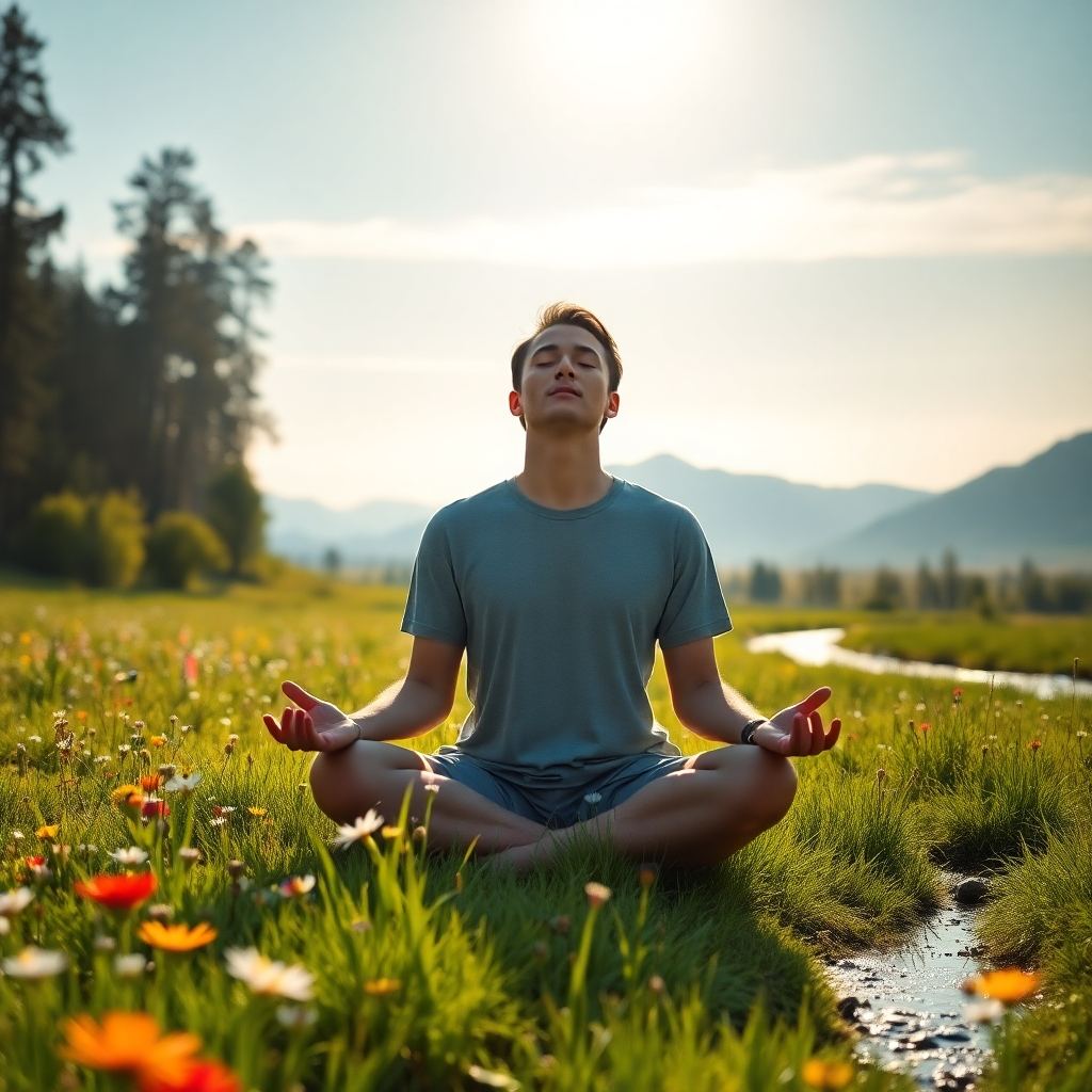 Photorealistic image, 8K resolution, hyperrealistic detail. Depict a peaceful natural setting—a sunlit meadow with wildflowers, a gentle stream, and distant mountains. A person is seated comfortably in the scene, eyes closed, in a meditative posture. The lighting is soft and diffused, creating a tranquil atmosphere. The color palette is vibrant yet harmonious, focusing on the natural hues of nature. The camera angle is a medium shot, showcasing both the person and the surrounding nature. The overall mood is serene, peaceful, and filled with a sense of calmness. Texture is emphasized in the details of the meadow, flowers, and water. Style: Similar to the photography of Michael Kenna, creating a blend of fantasy and reality. The environment should represent the tranquility of nature, serving as a catalyst for deep relaxation.  The overall effect should be a deeply meditative and therapeutic image. Subtle details can indicate the positive influence of the Hooponopono practice.