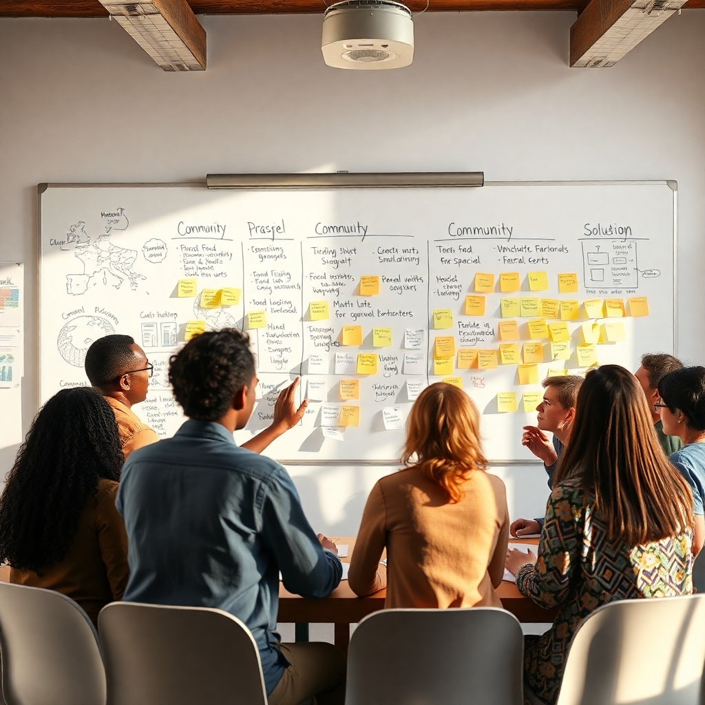 A photorealistic image depicting a diverse group of people from a community participating in a collaborative workshop, brainstorming ideas on a whiteboard filled with notes about community needs, challenges, and potential solutions. The scene should be bright, airy, and filled with positive energy, emphasizing collaboration and community involvement.  The image should include details such as maps, charts, and sticky notes displaying various community issues like food insecurity, lack of educational resources, or environmental concerns. The overall mood should convey hope and active participation.