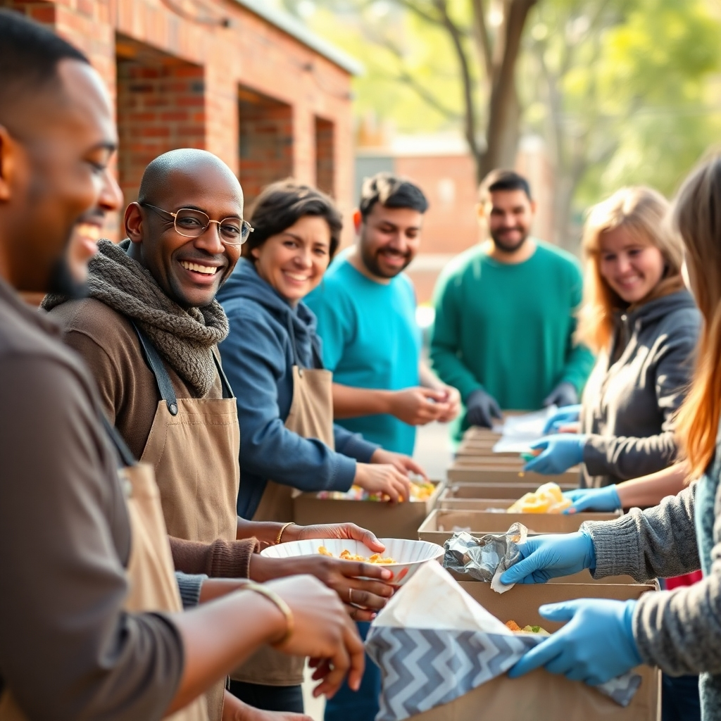 A photorealistic image depicting a church group actively participating in a community service project, such as serving food at a homeless shelter or cleaning up a local park. Show genuine smiles and interactions, emphasizing community involvement. High-resolution image with natural lighting.
