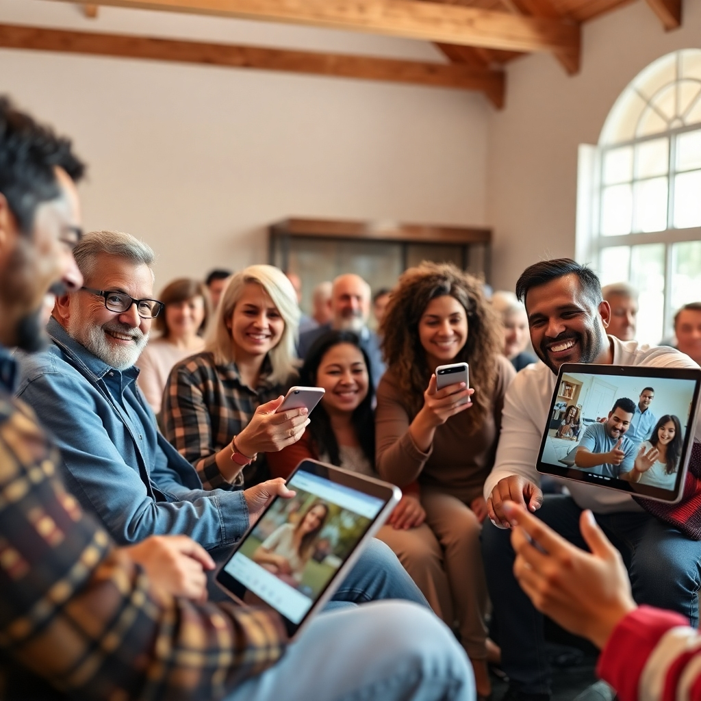 A photorealistic image of a diverse group of people of all ages interacting positively on various digital platforms; laptops, smartphones, and tablets displaying church websites, social media feeds, and live-stream videos. Bright, welcoming environment. High-quality image.