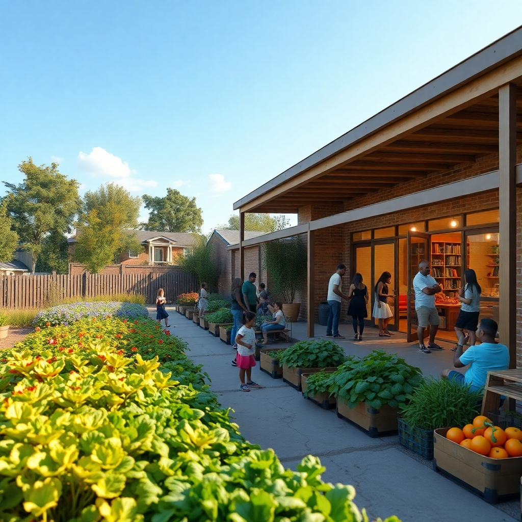 A photorealistic image portraying a long-term community project that shows sustainable positive change over time.  For example, the image could depict a community garden thriving with lush vegetables, showing progression from initial planting to abundant harvest.  Or, it could show a renovated community center bustling with activity, children playing, families interacting, and adults participating in educational programs. The image should showcase the lasting impact of a sustained engagement strategy, with before-and-after elements subtly integrated, emphasizing the transformation and positive growth.