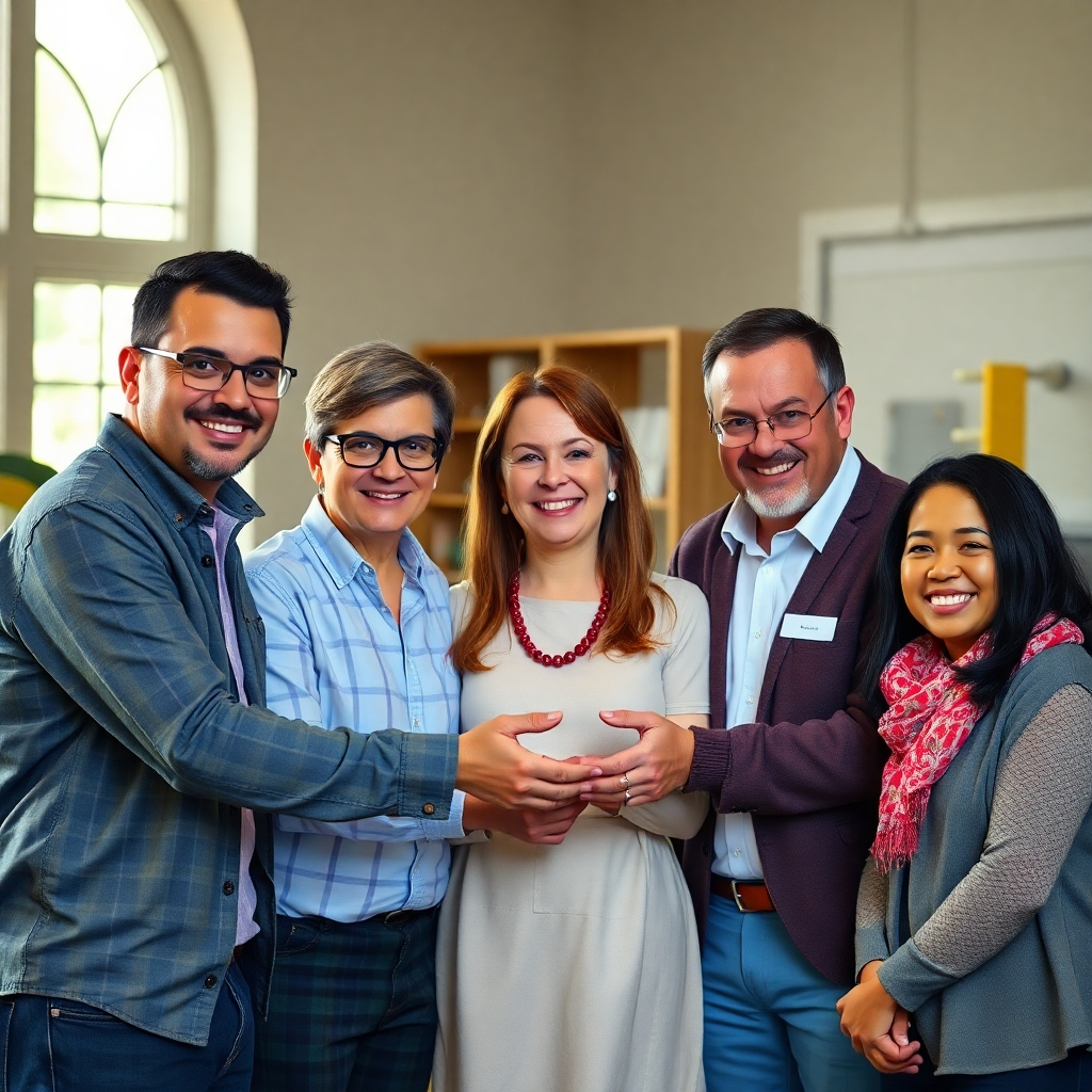 A photorealistic image showcasing representatives from a church and several other community organizations (e.g., a school, a local business, and a charity) collaborating on a joint project. Depict a friendly, cooperative atmosphere. High-quality, well-lit image.