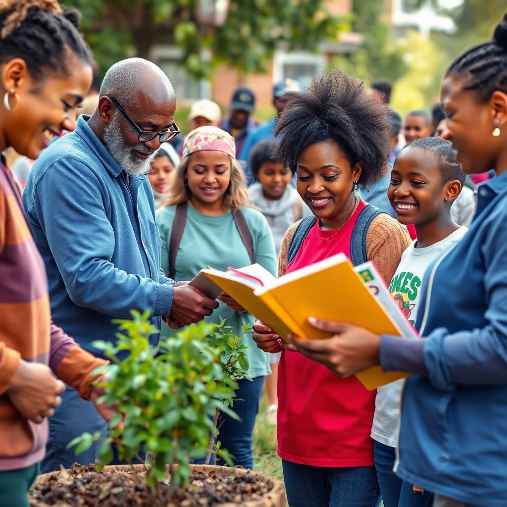A photorealistic image showcasing a vibrant community event where various organizations and individuals collaborate. The image should depict representatives from different organizations – churches, schools, charities, local businesses – working together seamlessly. Show volunteers of diverse ages and backgrounds actively engaging in activities like planting trees, serving food, organizing a book drive or participating in a community cleanup. The background should show a lively atmosphere with happy faces and a strong sense of community spirit. Highlighting diversity and inclusion is crucial.