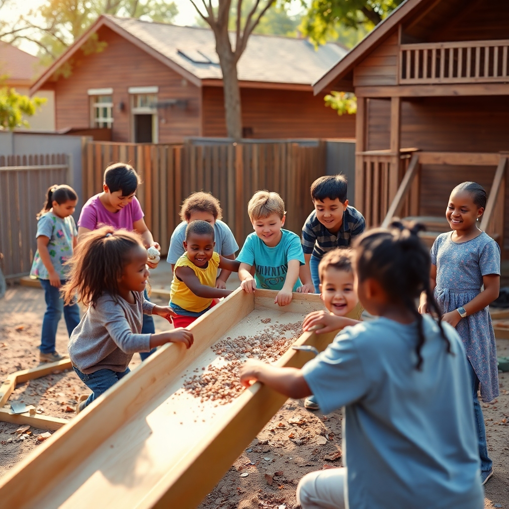 A photorealistic image showing a church group building a new playground in a low-income neighborhood. Show diverse children happily playing on the playground, adults working together, and a sense of community building. The image should have bright, warm lighting and a hopeful atmosphere. Focus on the collaborative effort and the positive impact on the community. High resolution and detailed.