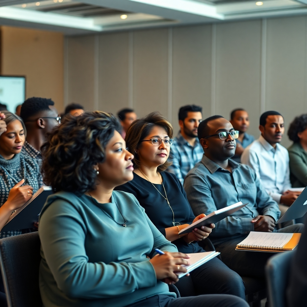 Photorealistic image, 8k resolution, hyperrealistic detail. A diverse group of ministry leaders are attentively engaged in a training workshop. The lighting is soft and diffused, creating a calm and focused atmosphere. The color palette is sophisticated and calming, featuring muted blues, greens, and grays. The camera angle is slightly elevated, providing a comprehensive view of the training session. Participants are actively listening to a speaker, taking notes, and engaging in thoughtful discussions. Materials include notebooks, pens, laptops, and presentation slides. The background shows a modern, well-equipped conference room, creating a professional and inspiring setting. The overall mood is one of focused learning, collaboration, and empowerment. Style reference: Annie Leibovitz. The image evokes a sense of intellectual stimulation, collaborative growth and dedication to service.