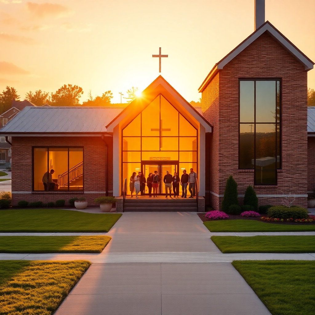 Photorealistic image, ultra-high definition, cinematic lighting. A modern, welcoming church building is shown at sunset, bathed in golden light. The color palette is warm and inviting, with soft oranges, yellows, and browns. The camera angle is a wide shot, capturing the entirety of the church and the surrounding landscape. The church has a contemporary architectural design, with large windows letting in ample natural light, showing happy people exiting the church. Details include beautifully manicured lawns, flower beds, and a welcoming entryway. Materials include brick, glass, and wood, with textures rendered in exquisite detail. The background shows a peaceful residential neighborhood, conveying a sense of community integration. The mood is serene and hopeful, conveying a sense of spiritual renewal and growth. Style reference: Peter Lindbergh. The overall composition exudes warmth, serenity and spiritual upliftment.