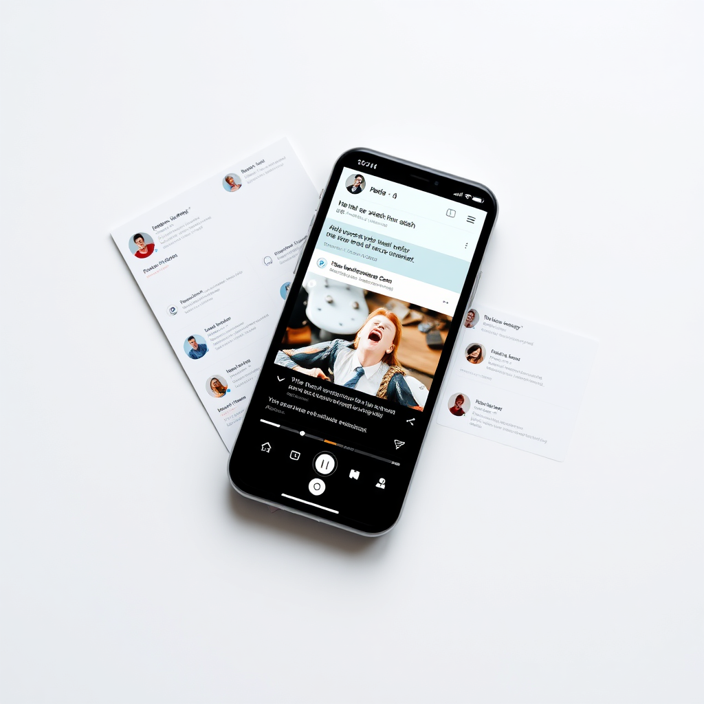 A sleek and modern design featuring a smartphone displaying a compelling video advertisement on a social media feed. The ad should be visually appealing and attention-grabbing, with clear messaging and a strong call to action. The surrounding social media feed should be authentic and engaging, with realistic user profiles and comments. Lighting should be soft and flattering, creating a sense of trust and credibility. Camera angle: A slightly overhead shot focusing on the smartphone screen. Style: Minimalist and professional. Environment: A clean and uncluttered background. Technical specs: 4K resolution, high quality rendering.