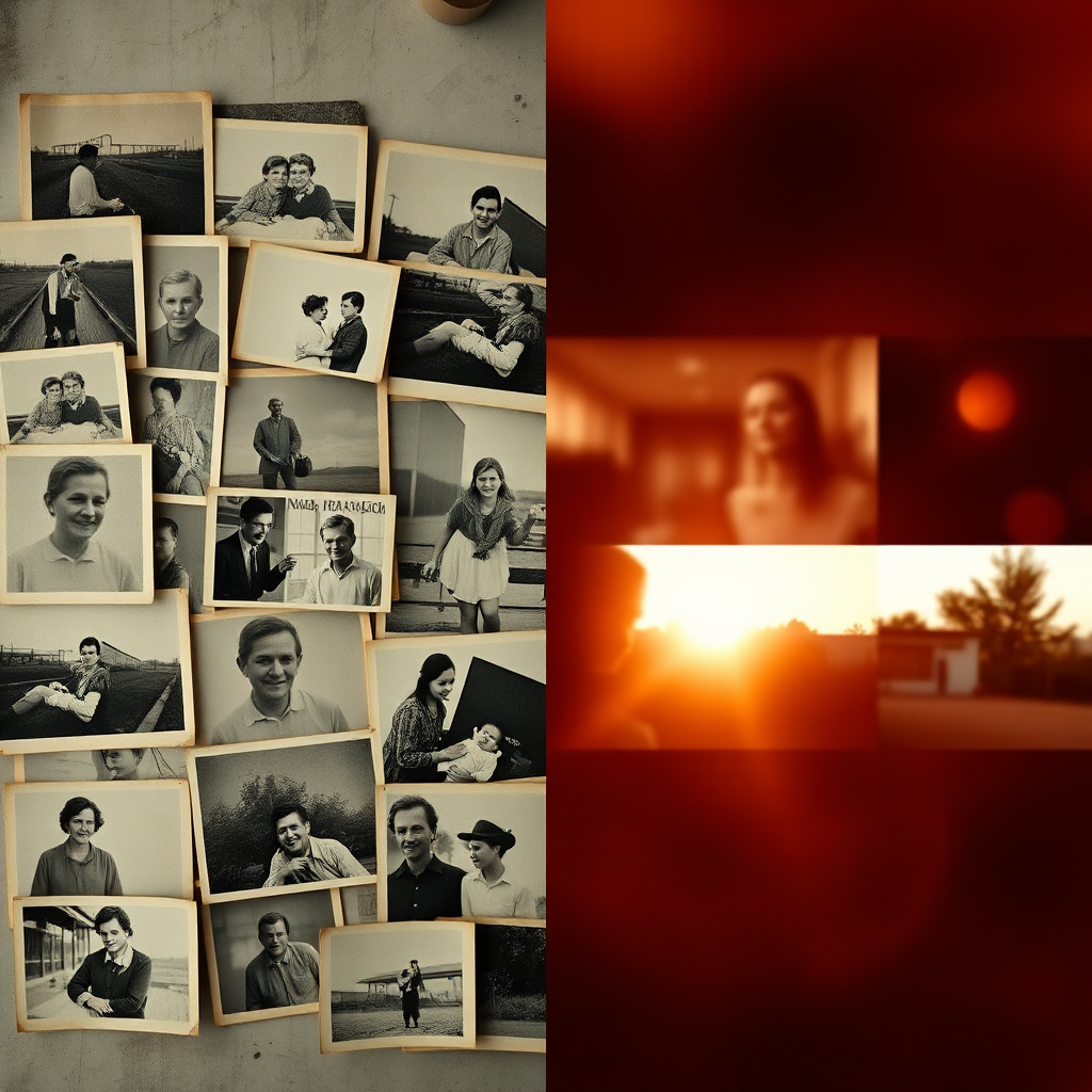 A split-screen image showing a collection of old photographs on one side and a beautifully edited video montage on the other side. The video montage seamlessly integrates the old photographs with modern video clips and artistic effects, creating a sense of nostalgia and emotion. The color palette is warm and inviting. Camera angle: A side-by-side comparison, showcasing the transformation from old photos to a modern video story. Technical specs: High resolution, seamless transitions, and emotionally resonant music.