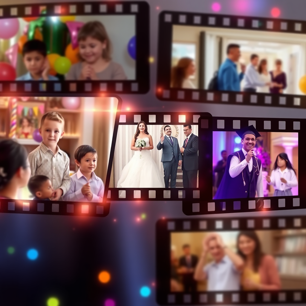 A stylized image showcasing a montage of video clips seamlessly transitioning into each other. Each clip represents a different family event – a child's birthday party, a wedding ceremony, and a graduation celebration. The clips are interwoven with artistic effects and transitions, creating a sense of dynamism and energy. The color palette is vibrant and celebratory. Camera angle: A dynamic perspective, capturing the movement and excitement of the video clips. Technical specs: High resolution, seamless transitions, and vibrant colors.