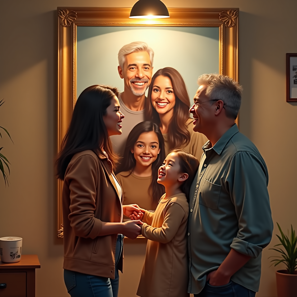 A photorealistic image of a family portrait hanging on a wall. The portrait is a beautifully stylized depiction of the family, blending realism with artistic flair. The style is reminiscent of a classic oil painting. The light source is soft and diffused, highlighting the textures and details of the portrait. The background is a neutral color, creating a sense of elegance and sophistication. Camera angle: eye-level, focusing on the portrait and its details. The family is looking at the portrait with smiles on their faces. Technical specs: 8k resolution, hyperrealistic rendering.