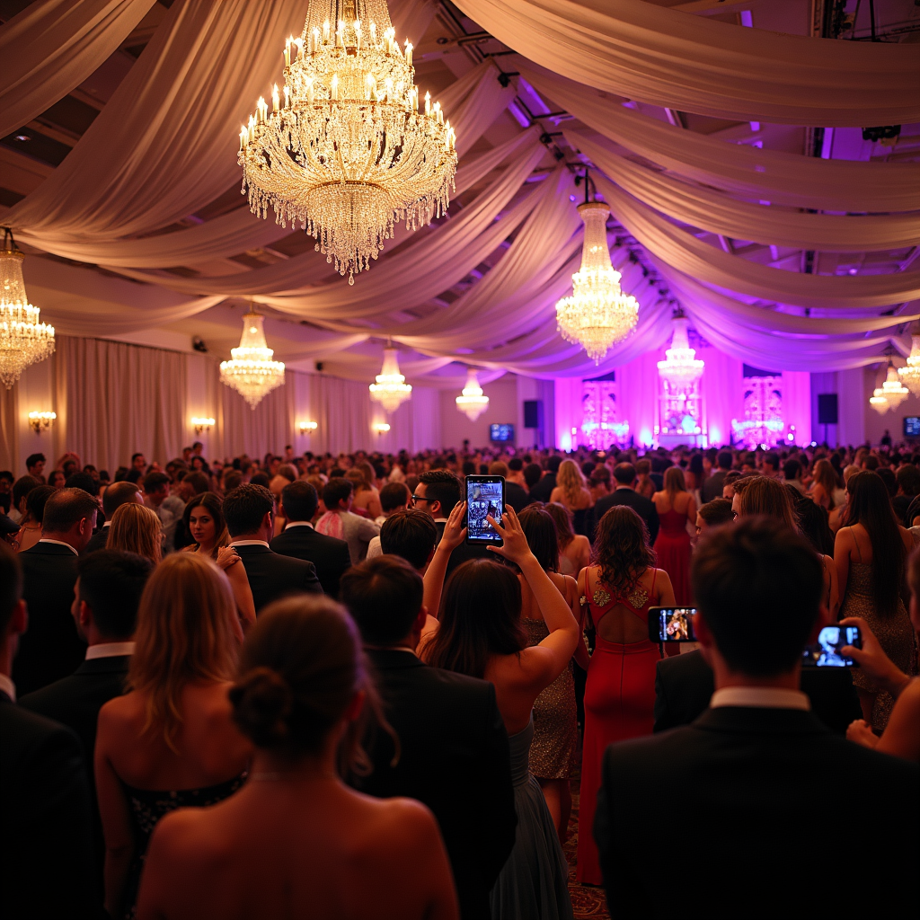 A wide shot showcasing a beautifully decorated event venue. In the foreground, a photographer and videographer are capturing candid moments of guests interacting and celebrating. The light is warm and inviting, creating a festive atmosphere. The overall composition emphasizes the joy and excitement of the event. Camera angle: wide-angle lens, capturing the entire scene with depth and perspective. Style: Documentary photography with an artistic flair. Technical specs: High resolution, natural lighting, candid captures.