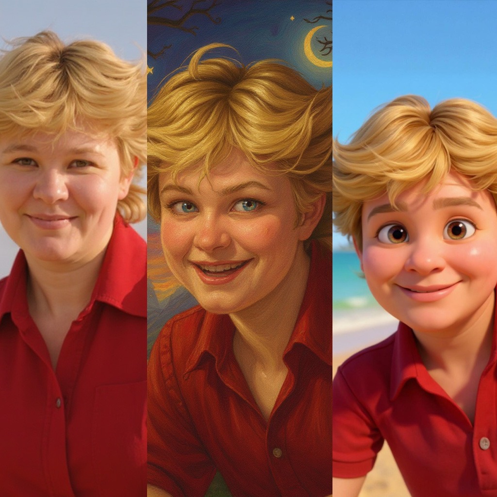 A series of side-by-side portraits demonstrating different artistic styles. One portrait is in the style of a classic Renaissance painting, another in a modern pop art style, and a third in a minimalist watercolor style. Each portrait showcases the same subject, but with a distinct artistic interpretation. The color palette varies depending on the style. Camera angle: Close-up, highlighting the details and nuances of each artistic style. Technical specs: High resolution, showcasing the texture and brushstrokes of each style.