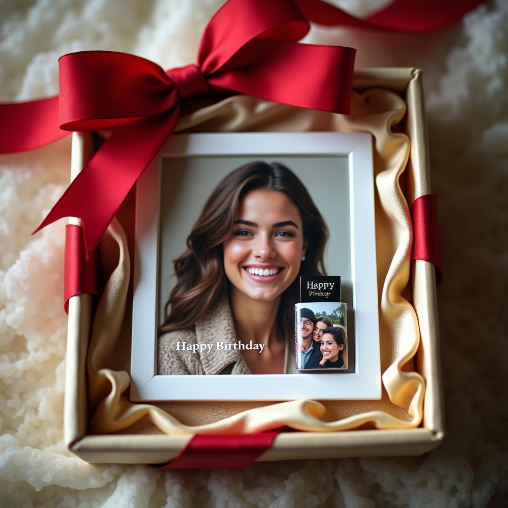 A beautifully wrapped gift box containing a custom portrait and a DVD of a personalized video. The gift box is adorned with ribbons and decorative elements, creating a sense of excitement and anticipation. The portrait and video represent a special moment or memory shared between the giver and the recipient. The color palette is warm and inviting. Camera angle: Close-up, highlighting the details of the gift box and its contents. Technical specs: High resolution, showcasing the texture and quality of the gift.