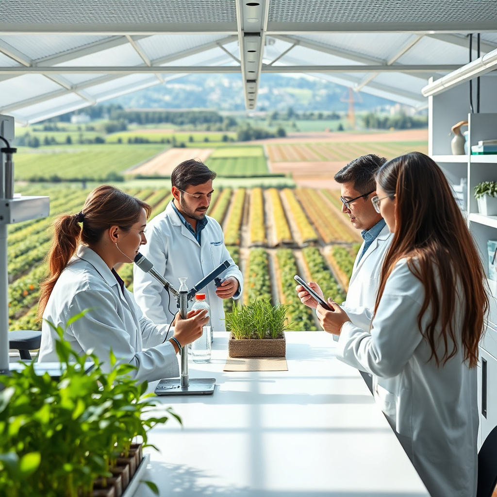 A 4K image showcasing a diverse team of scientists and agricultural specialists collaborating in a modern laboratory overlooking a vibrant farm. The lab features advanced nanotechnology research equipment. The scientists are analyzing crop samples, displaying a sense of collaboration, innovation, and dedication to sustainable agriculture. The composition should emphasize the connection between scientific research and real-world farming applications. The color palette is bright and optimistic, combining the sterile white of the lab with the natural greens and browns of the farmland. The image should convey trust, expertise, and a commitment to advancing agricultural technology. Style: A blend of photorealism and corporate imagery.