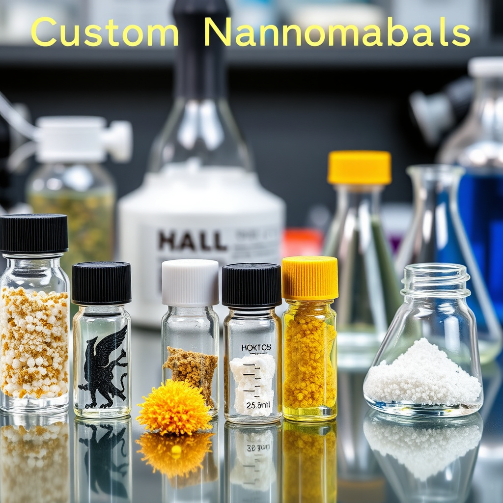 A close-up image of various custom nanomaterials, showcasing their unique properties and potential applications in agriculture. The nanomaterials are displayed in small vials and beakers, with scientific equipment in the background.