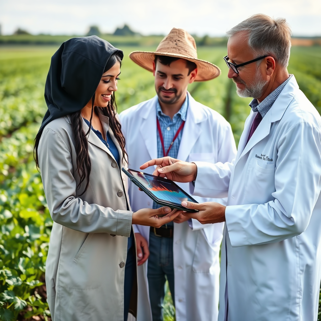A consultant in a lab coat, advising a farmer in a field. The consultant is pointing to a tablet displaying nanotechnology data. Background shows healthy crops. The scene emphasizes expertise and collaboration.