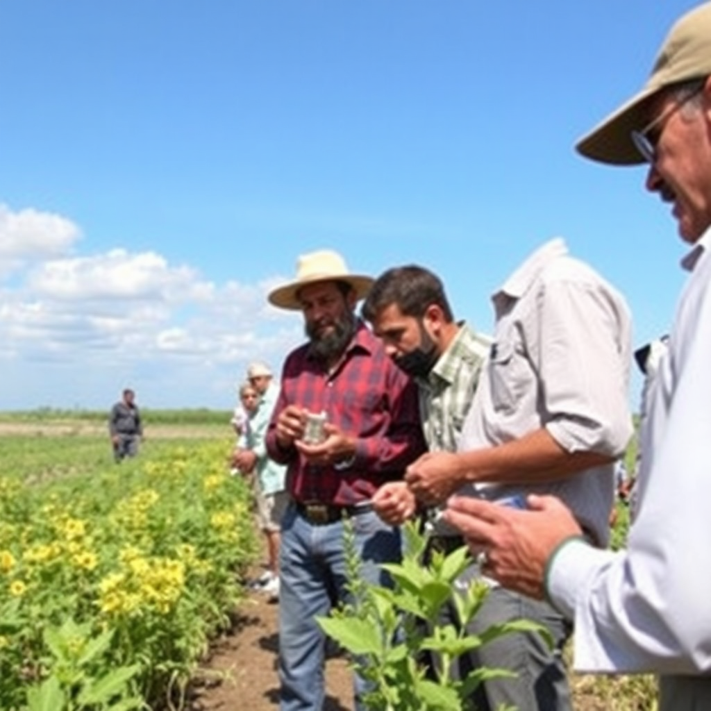 A group of farmers participating in an agri-tech training session, learning about nanotechnology applications in agriculture. The training is interactive, with participants engaging with demonstration models and expert instructors.
