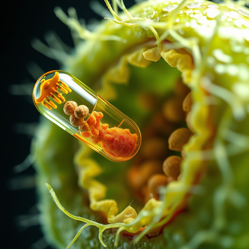 A microscopic, photorealistic rendering of a nano-capsule delivering nutrients directly into a plant cell. The capsule is brightly colored and intricately designed, while the plant cell is detailed and realistic. The image should convey the precision and efficiency of nano-encapsulation. Style: Scientific visualization with a focus on detail and accuracy.