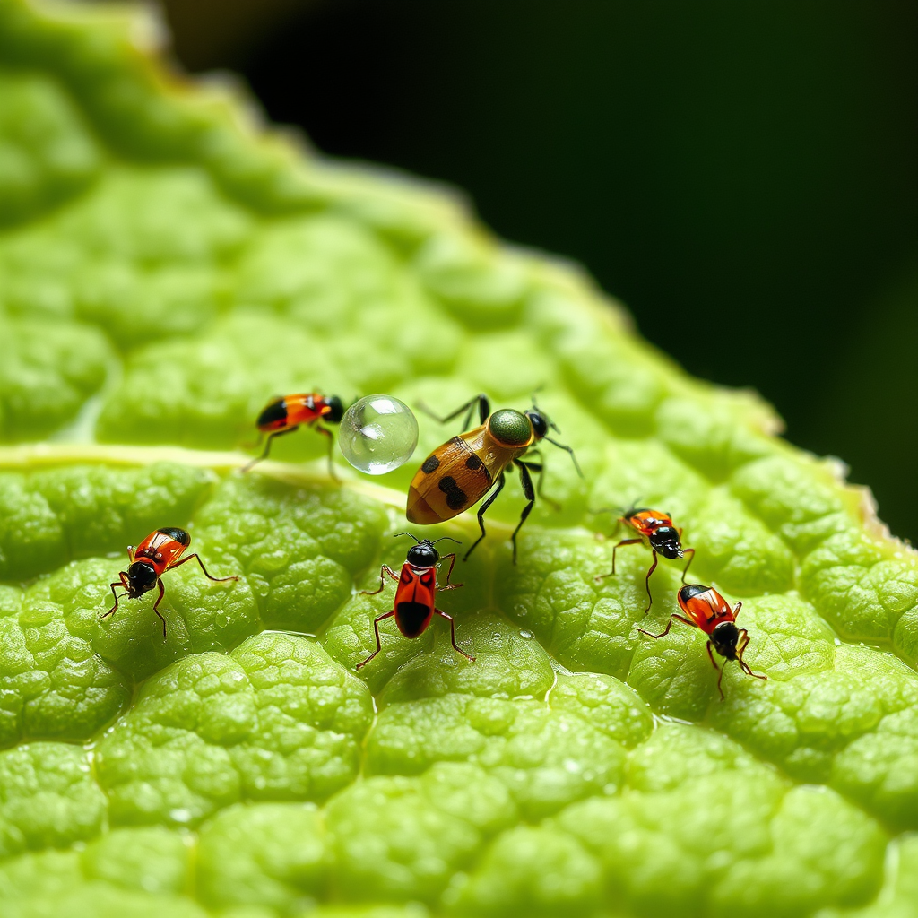 A microscopic view of nano-pesticides targeting specific pests on a leaf surface. The pesticides are selectively attacking the pests, leaving the plant unharmed. The image highlights the precision and effectiveness of nano-based pest control. Style: Scientific imaging with detailed textures and accurate representation of biological processes.