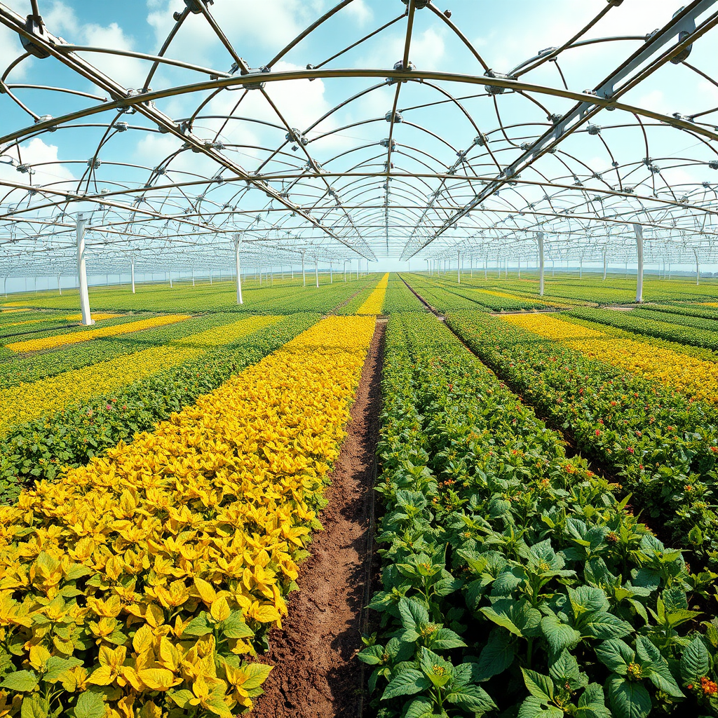 A panoramic view of a vast, technologically advanced farm powered by nanotechnology, showcasing diverse crops thriving in abundance. The scene conveys the promise of food security and sustainable agriculture through innovative agri-tech solutions. Style: Futuristic landscape with a focus on scale and harmonious integration of technology and nature.