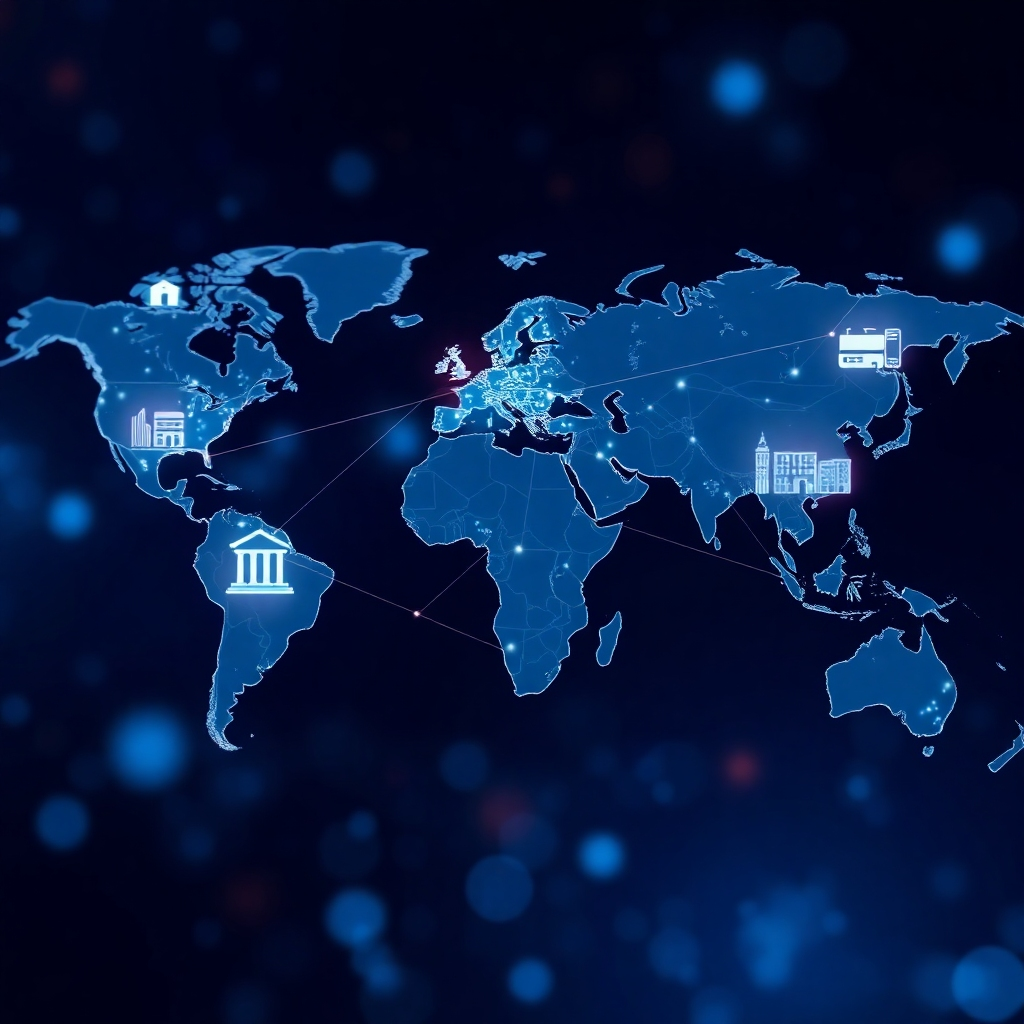 A photorealistic image depicting a global network connecting various businesses, showcasing the interconnectedness of the global market and highlighting how AI upskilling positions businesses for success.  The image should be a modern, highly detailed map of the world. It should show businesses connected via network lines. The visual style should be modern and professional, highlighting the interconnectedness of the global market. The image should illustrate how AI upskilling helps businesses compete successfully on a global scale.
