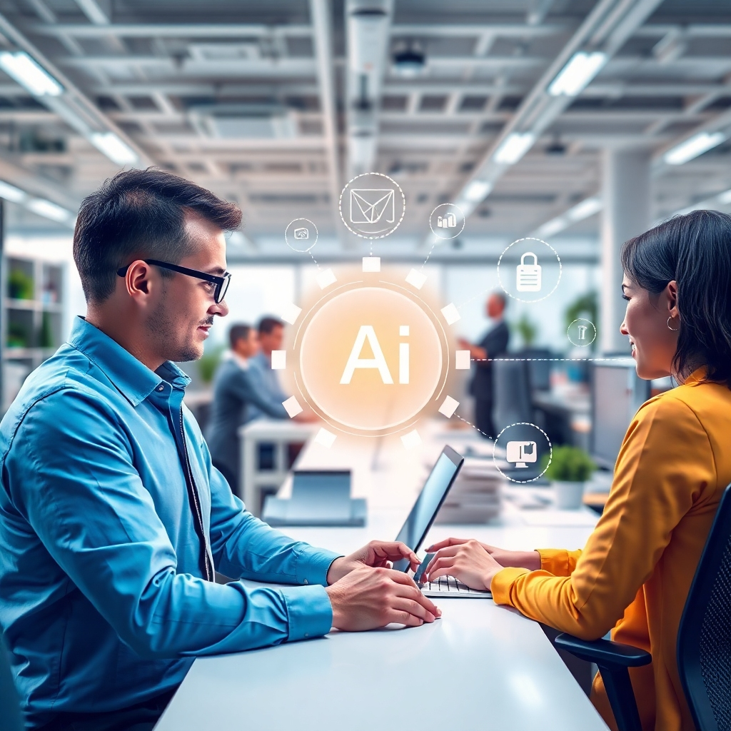 A photorealistic image depicting a business process being streamlined and made more efficient using an AI-powered tool.  Use bright, clean colors to create a positive image.  The image should focus on positive and helpful aspects of AI. The background must be an office space that is clean, organized, and shows clear improvement. The image must focus on increased efficiency, improved productivity, and positive improvements in the workplace.