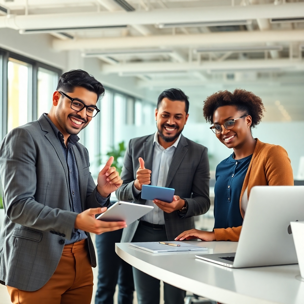 A photorealistic image of a diverse team of employees confidently using AI-powered tools to solve business problems collaboratively. The image should portray a positive and energetic work environment, emphasizing teamwork and the use of technology. It should be set in a modern, well-lit office space with a clean and professional aesthetic. The photo must convey trust and confidence in the team's ability to solve the problem. The image must showcase collaboration, skill, and the effective use of AI.