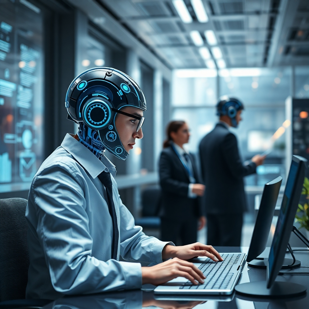A photorealistic image portraying a futuristic business environment, emphasizing a seamless blend of human expertise and AI technology. The visual style should convey a sense of forward-thinking and adaptability to change, where humans and technology work harmoniously.  The image needs to convey the ability to adapt to rapid and continuous technological developments. It should show humans and AI working together to create a unified workforce. This image must be professional and have an outlook on the future.