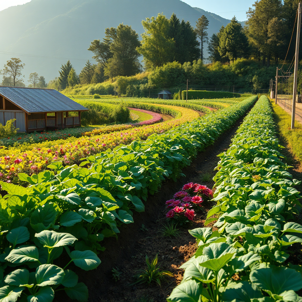 A photorealistic image showcasing a thriving organic farm where nanotechnology is used to enhance sustainability. The farm is lush and vibrant, with diverse crops growing in harmony with nature. The image should convey a sense of environmental responsibility and the benefits of eco-friendly farming practices. Style: Nature photography with a focus on vibrant colors and natural light.