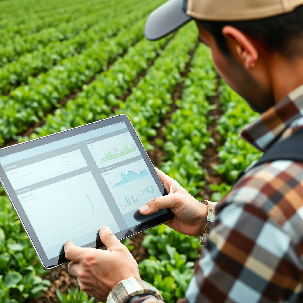 A photorealistic image showing a farmer using a tablet to monitor real-time data from nanosensors embedded in the soil. The tablet displays a detailed dashboard with graphs and charts. The background features a lush, green field with rows of crops. The image should convey a sense of technology-driven efficiency and data-driven decision-making. Style: Modern technology photography with a focus on clarity and information.