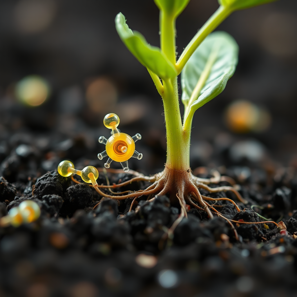 A photorealistic image showing microscopic nanobots precisely delivering nutrients to the roots of a plant. The nanobots are brightly colored against the dark soil, and the plant is vibrant and healthy. A microscopic view highlighting the precision of the nanobot delivery. Use a shallow depth of field to focus on the nanobots and the plant roots. Style: Macro photography with vibrant colors and sharp focus.