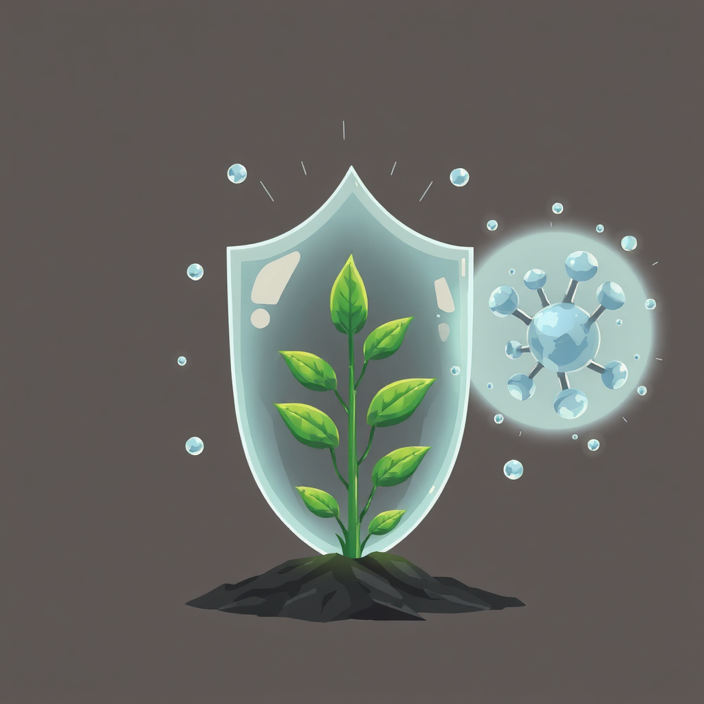 A stylized image depicting a plant surrounded by a protective shield of nanoparticles. The plant is vibrant and healthy, while the external environment appears harsh and threatening. The nanoparticles are glowing with a soft, protective light. Style: Digital illustration with a focus on symbolism and contrast.