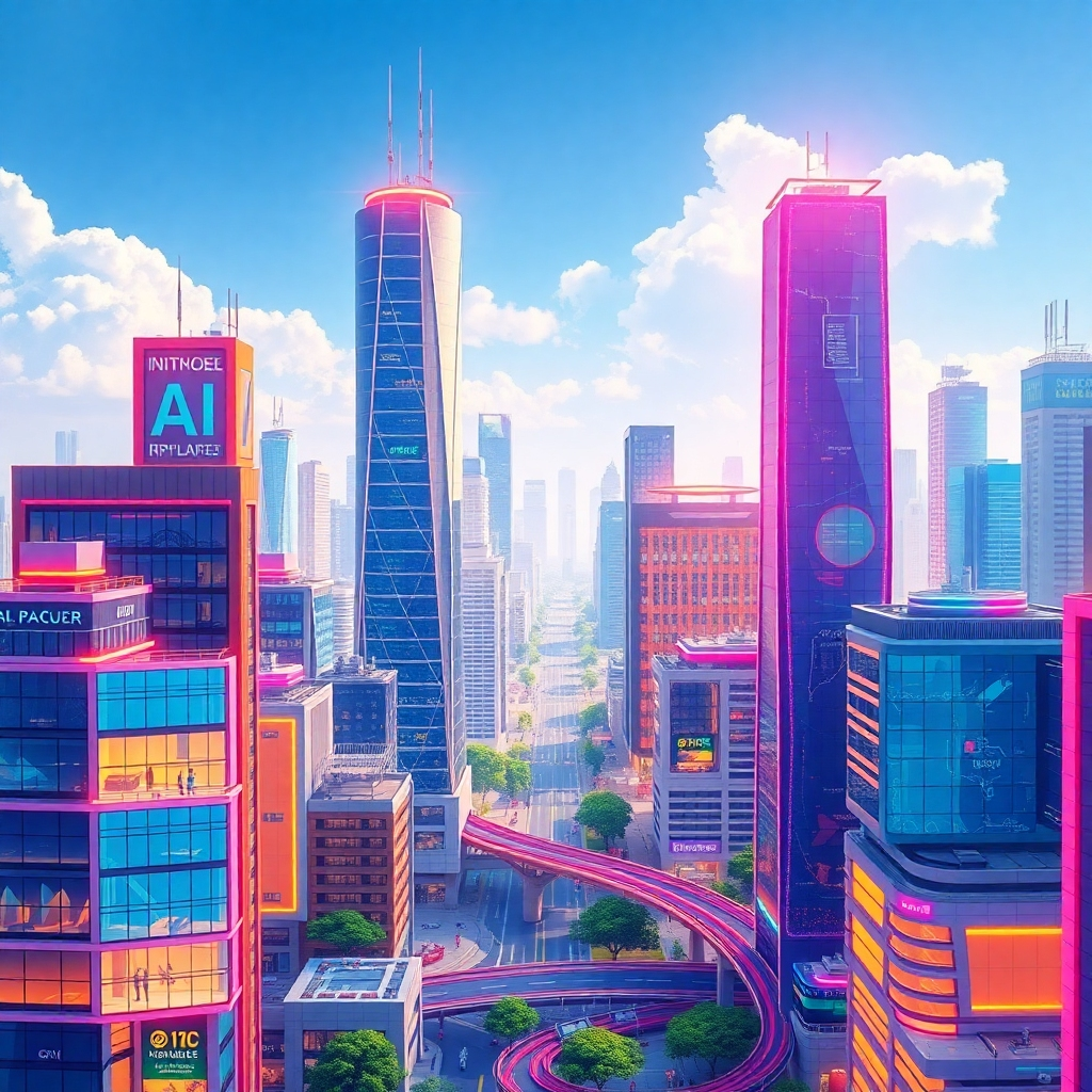 A stylized image showing a futuristic cityscape with buildings that seamlessly integrate AI technology.  Use a vibrant color palette to highlight the integration of AI in the modern urban world. The style should be photorealistic but stylized, with a vibrant and energetic feeling, suggestive of progress and prosperity.  The image needs to be rich in detail, showing clean lines and high-tech infrastructure that represent growth and evolution. The image should evoke the idea of a city thriving on AI-powered advancements, showcasing the potential of AI to transform urban landscapes. The style is a blend of photorealism and a futuristic aesthetic, to present a vision of what is possible with AI integration.