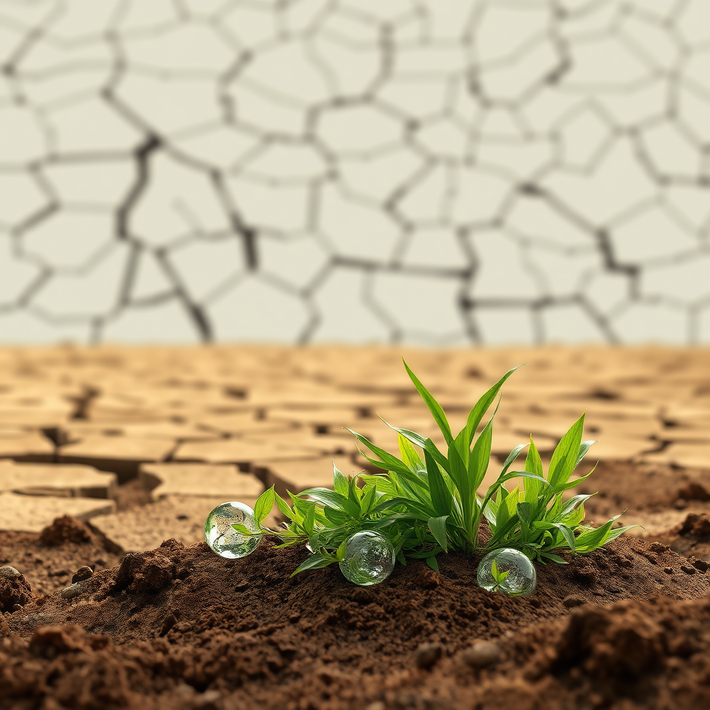 A stylized image showing nanomaterials absorbing and retaining water in dry soil. The soil is cracked and barren in the background, while the foreground features a patch of lush, green vegetation growing thanks to the water-retaining nanomaterials. The image should convey the transformative power of nanotechnology in arid environments. Style: Digital illustration with a focus on contrast and symbolism.