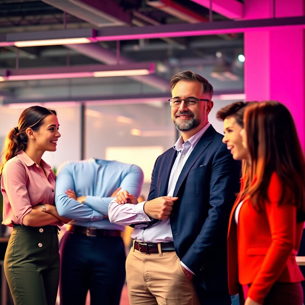 An image showing a business leader confidently leading a team through a successful AI project, symbolizing the competitive advantage achieved through AI upskilling. The scene should depict a vibrant and modern workplace, with the leader mentoring the team. The team needs to show enthusiasm and motivation.  The colors should convey professionalism and success. The image must evoke a feeling of trust and confidence in the leader's ability to guide the team through a successful project.