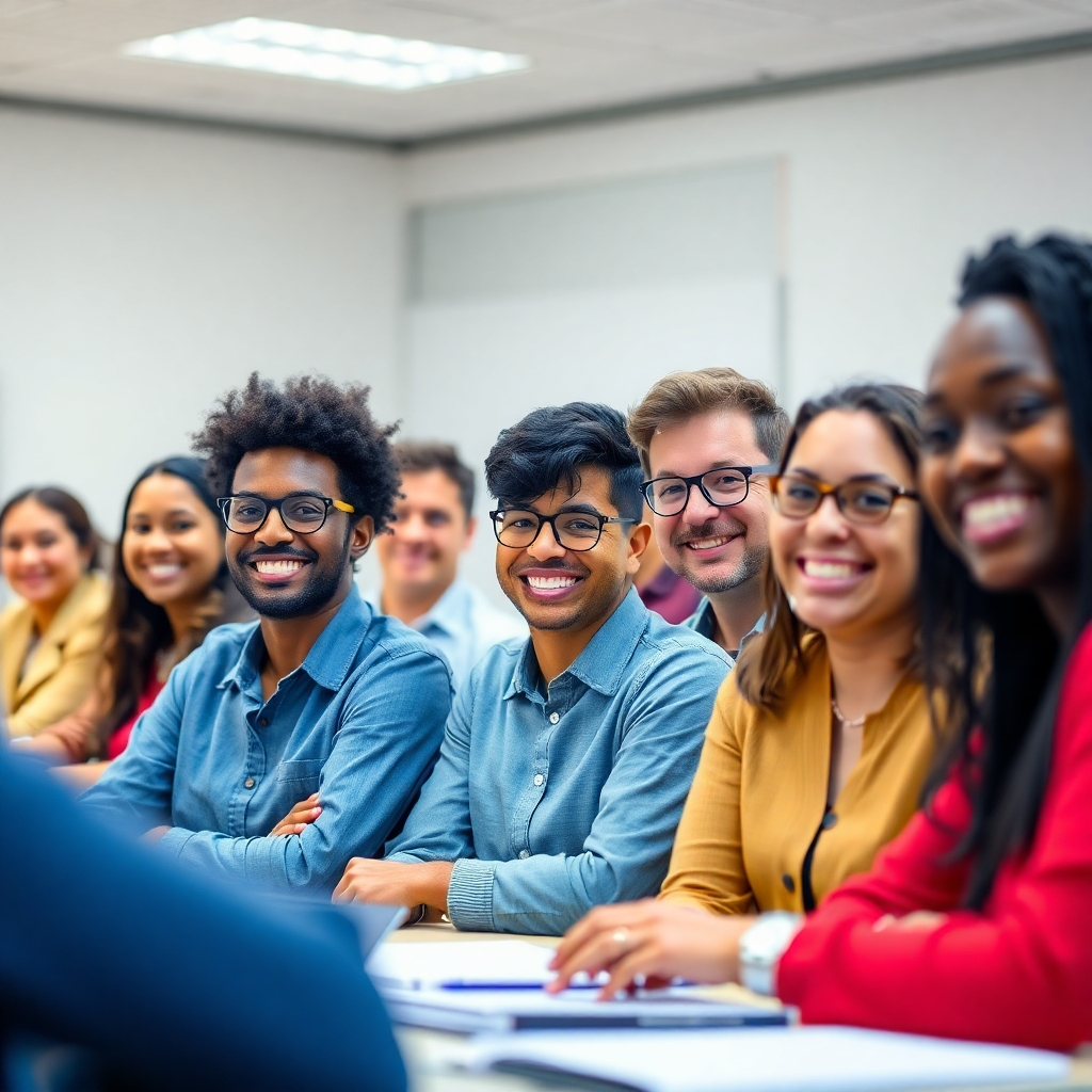 An image showing a diverse group of people, smiling and looking confident, attending an AI upskilling workshop or training session.  Capture the atmosphere of learning and collaboration.  The background should be a bright and professional classroom or training facility.  Use a photorealistic style to convey a realistic and inviting image that attracts people interested in joining the training programs. The image should use a professional tone and style.