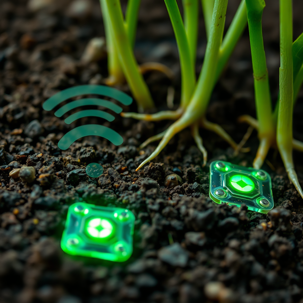 Close-up of nanosensors embedded in soil, transmitting data wirelessly. The soil is rich and fertile, and the sensors are subtly glowing, indicating their activity. The background shows healthy plant roots absorbing nutrients. Style: Technological close-up with a focus on the sensors and their interaction with the soil environment.