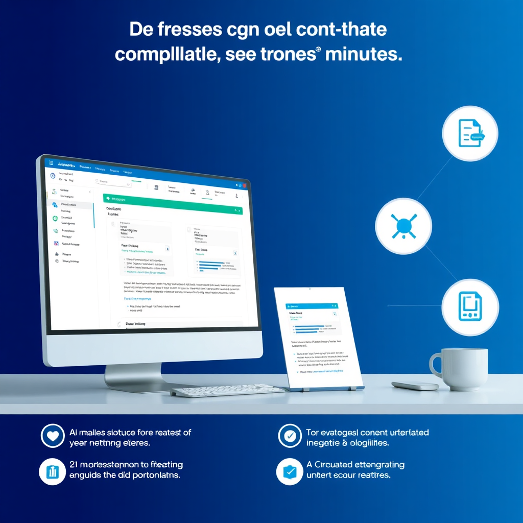 Create a clean, professional image showcasing AI software generating compliant meeting minutes. The software interface should be user-friendly and highlight key features, such as template integration and compliance checks. The color palette should be modern and efficient, using shades of blue and white.